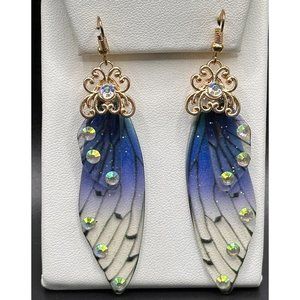 Fairy Earrings Butterfly Wings Handmade Fantasy Elvish Nature Blue Rhinestones‎